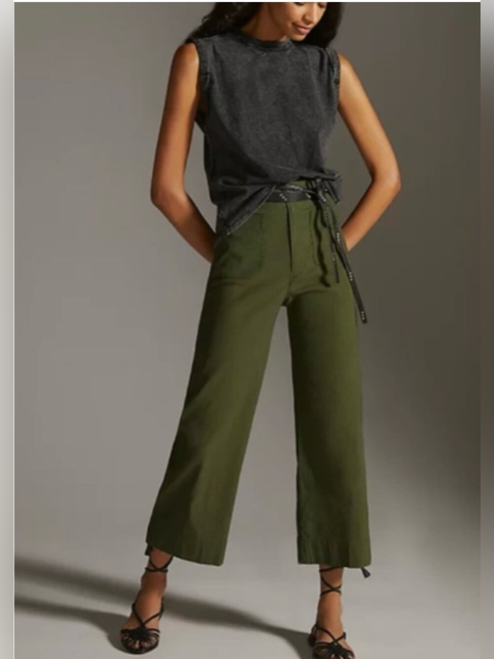 Maeve by Anthropologie The Colette Wide Leg Crop Pants-Dark Green Sz 30 linen